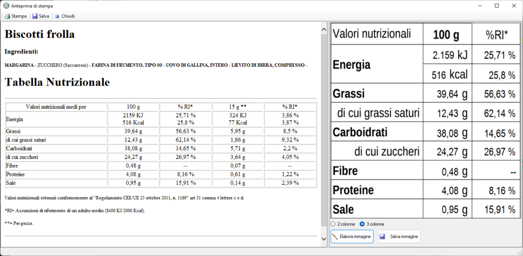 creare tabelle nutrizionali