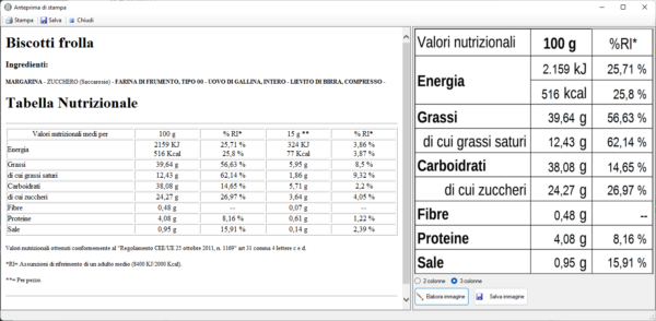 creare tabelle nutrizionali